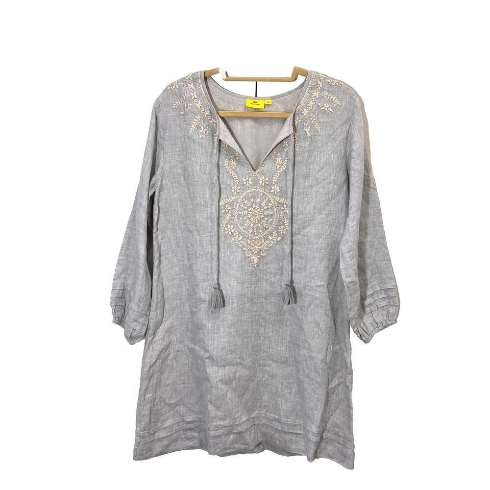 Roller Rabbit Dress Women XS Linen Gray Embroidered Floral Tassels Long Sleeve